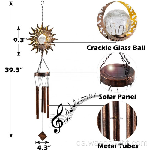 Chimes de viento de metal solar para la bola de vidrio del sol de la sola LED calientes Luces de jardín solar Simpatía impermeable campanas al aire libre